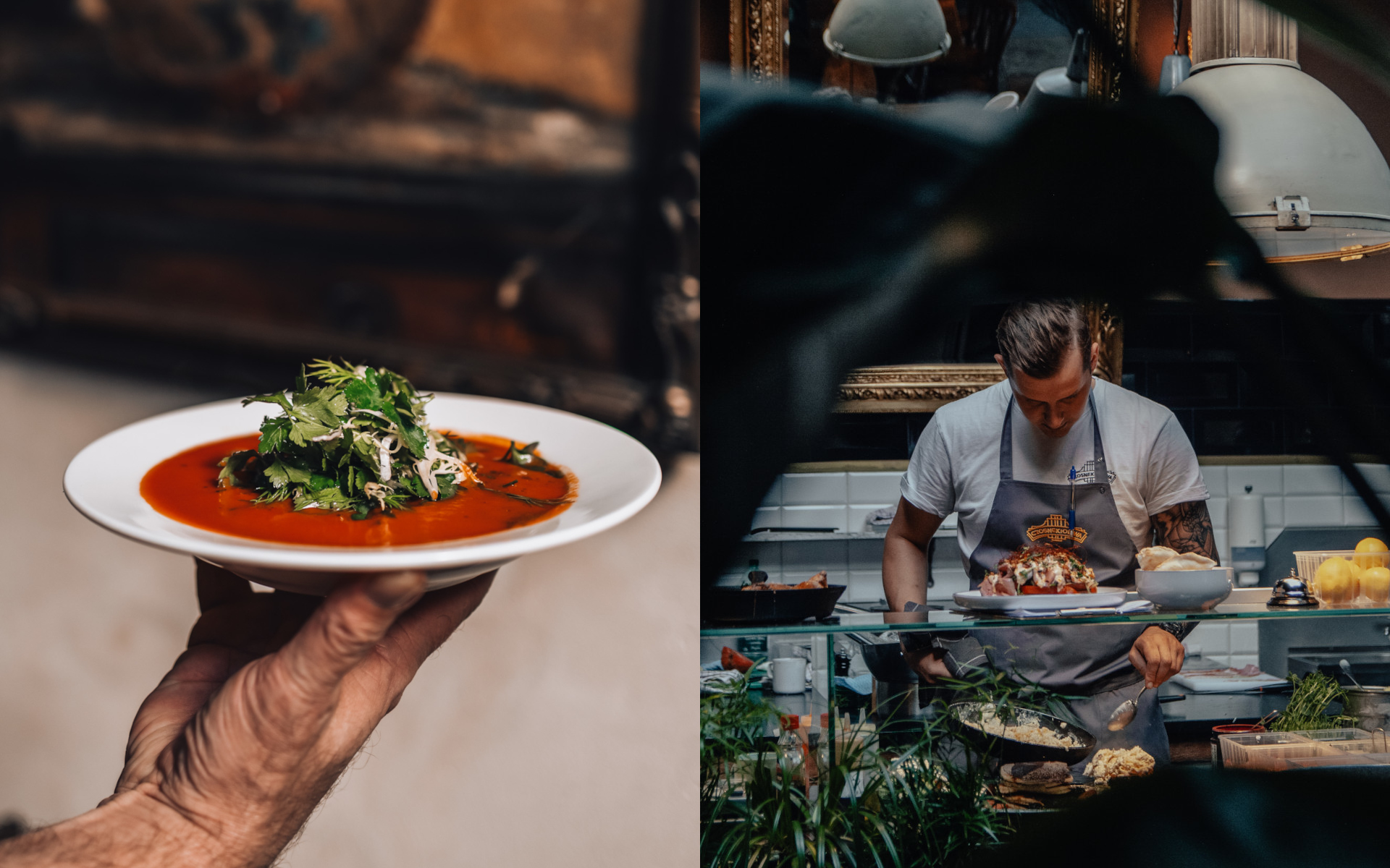 Grafika restauracji przedstawiająca kuchnię oraz restauracje.